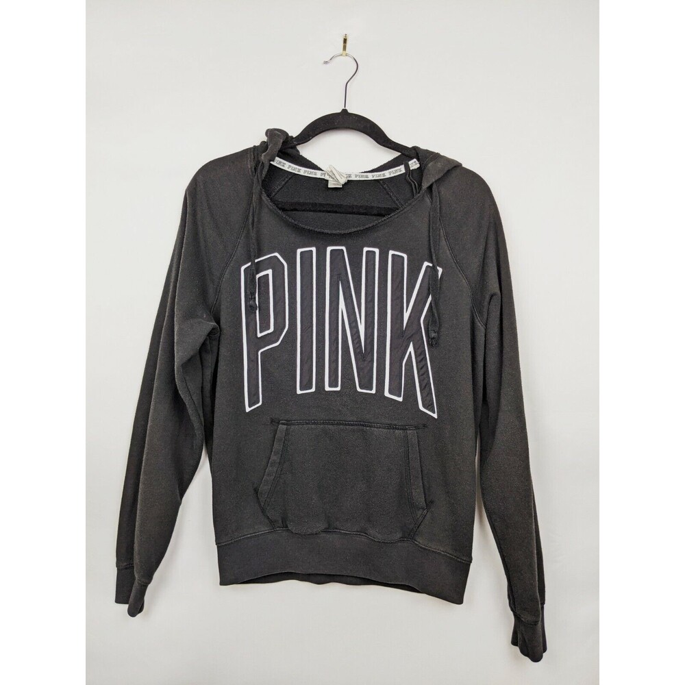 Victoria's Secret PINK Hoodie XS Black Logo Pullover-READ